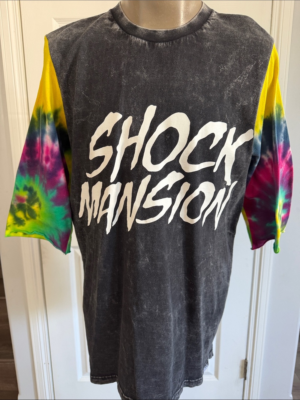 Men's meduim ShockMansion Black Acid-Wash Tee with Tie-Dye Sleeves